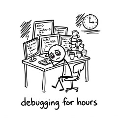 Obraz premium Exhausted stick figure programmer debugging late at night with coffee cups doodle