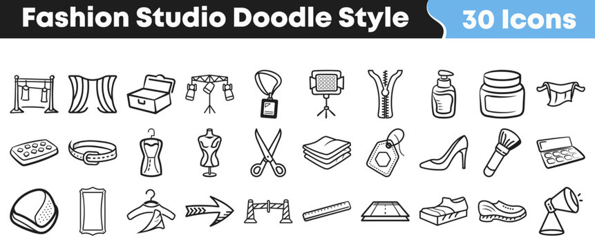 Set of hand drawn fashion studio icons in doodle style