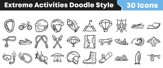 Set of thirty extreme sports icons in hand drawn doodle style © Vectoravec