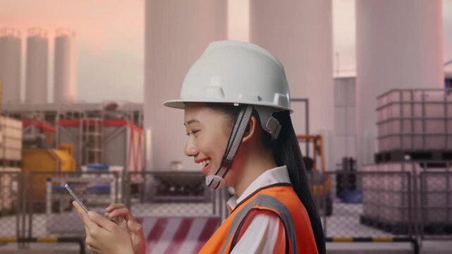 Side View of Asian Female Engineer Use Smartphone While Walking at Storage Facility with IBC Totes, Large Silos and Safety Barriers at Sunset