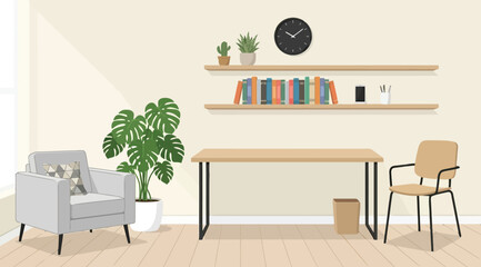 Minimalist home office workspace with wooden desk, chair, and bookshelves © Siam