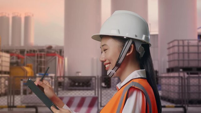 Side View of Asian Female Engineer Taking Note on Tablet While Walking at Storage Facility with IBC Totes, Large Silos and Safety Barriers at Sunset