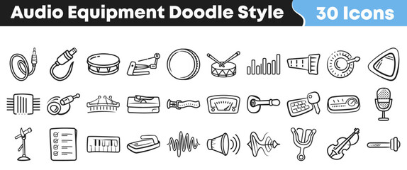 Hand drawn collection of various musical and audio equipment doodle icons © Vectoravec