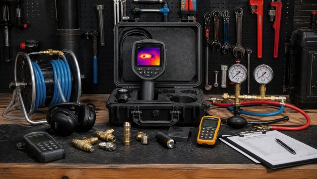 Equipment for thermal imaging analysis and maintenance tasks at a workshop with various tools and instruments on display