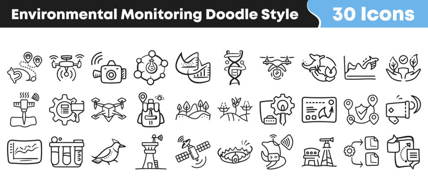 Set of hand drawn environmental monitoring icons for scientific research