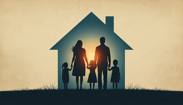 Happy family holding hands while standing together in front of a glowing house shape silhouette representing the concept of home ownership and protection for parents and their three young children