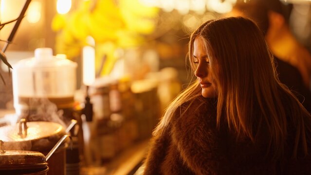 A romantic woman in Paris France is wearing a fur coat with golden light and a bokeh background The image also features a Parisian street food vendor with a steaming pot creating a warm and inviting s