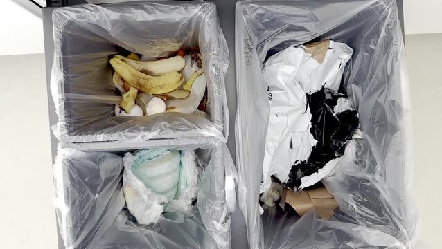 Three connected frames showing waste disposal with organic, recyclable, and general trash in separate bins, emphasizing proper sorting and waste management practices