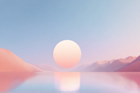 Tranquil sunset over serene pink-hued mountains and reflective lake