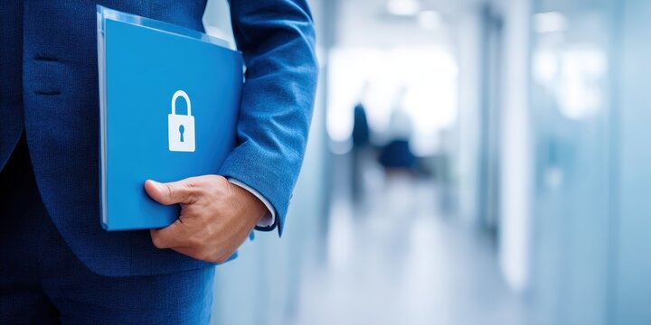 Businessman holding secure folder with padlock icon in office. Protection of corporate data confidential information. Digital security, privacy, business compliance and document safety. Cyber defense