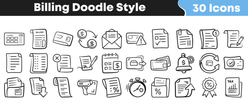Collection of hand drawn billing and finance related doodle icons