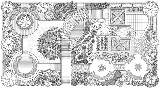 Detailed landscape design plan with pergola, pond, vegetable garden, and circular seating areas