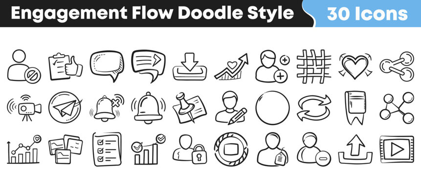 Collection of social media engagement icons in a hand drawn style