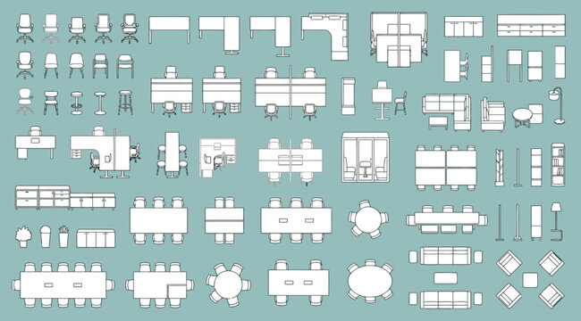 Office furniture top view vector set, furniture icons for floor plan
