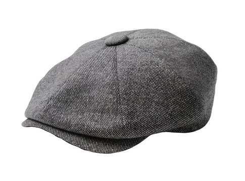 Isolated grey newsboy cap for men, stylish traditional flat hat, fashion accessory