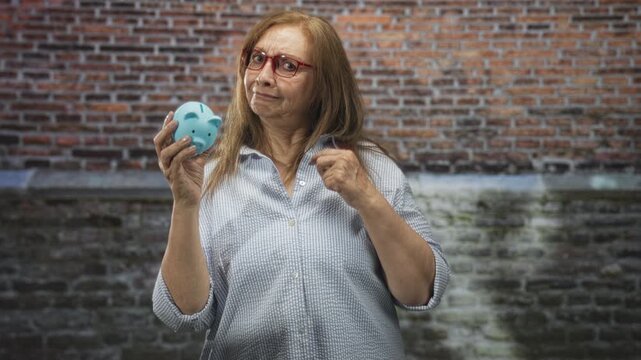 Woman holding blue piggy bank and points finger toward viewer in front of brick building; financial planning concern.