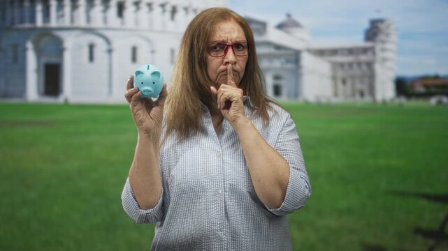 Senior woman holds blue piggy bank, finger to lips gesture, standing on grassy lawn by a historic building; secret savings.