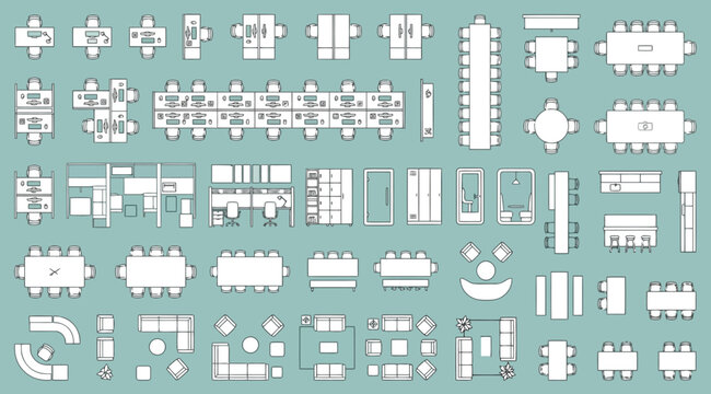 Office furniture top view vector set, furniture icons for floor plan