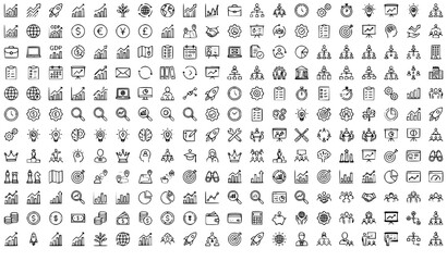 Fototapeta premium Mega Business Line Icon Set with Economic Development Office Corporate and Productivity UI Symbols Vector Collection