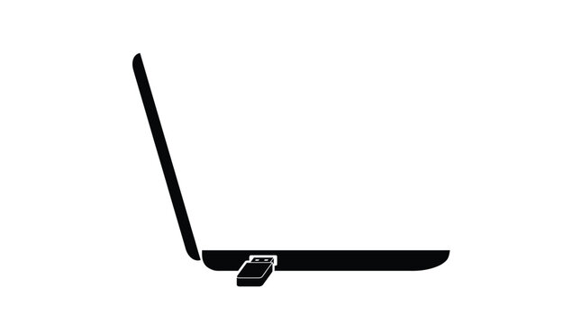 Minimalist black icon showing a laptop computer with a small usb flash drive plugged inside