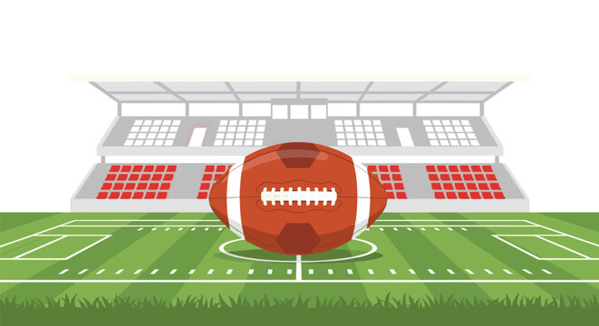American football rests on a green turf field in front of a simplified gray stadium bleacher structure against a plain white background for sports marketing.