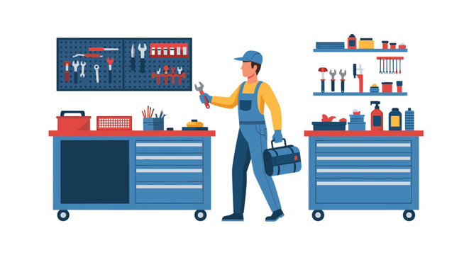 A repair technician carrying a portable tool case walks past two blue metal cabinets featuring organized pegboards and shelves in a modern clean workshop studio lighting setup.