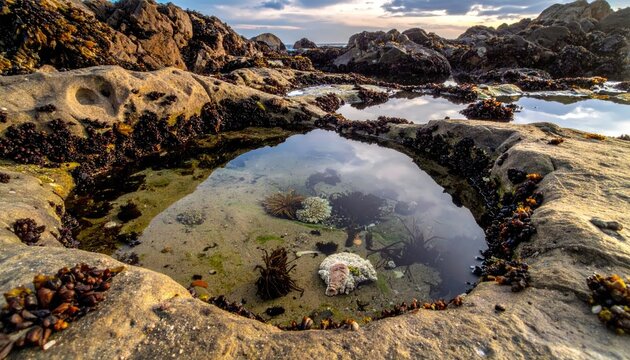 Rocky shoreline tide pools reflecting sky and clouds nature background