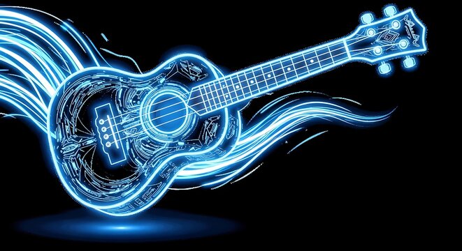 Neon ukulele on black background