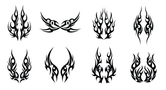 A series of eight intricate black tribal tattoo patterns arranged in two rows featuring sharp symmetrical flame shapes on a plain white digital background surface.