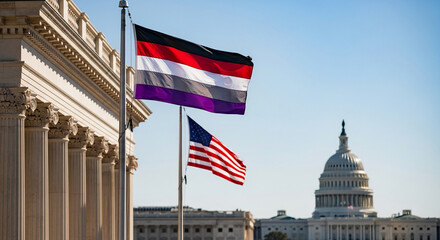 Fototapeta premium Two flags, including the American flag and an identity flag, fly before classical architecture, symbolizing national identity and representation.