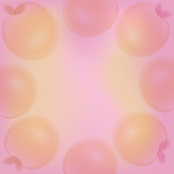 Pink whole peaches and leaves in a trendy soft blur style. Minimalistic vector templates for aesthetic seasonal design, flyers, covers, and social media.