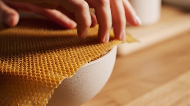 Hands covering a ceramic bowl with a reusable beeswax food wrap sheet