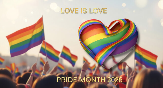 A rainbow heart and flags represent pride and love at a rally, symbolizing LGBTQ+ celebration and activism during Pride Month.