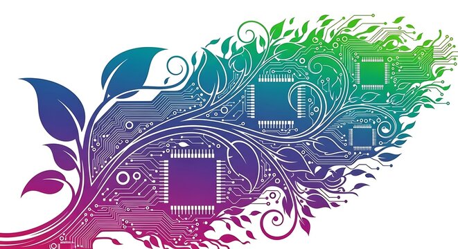 Colorful Abstract Technology Theme with Circuit Plant Forms