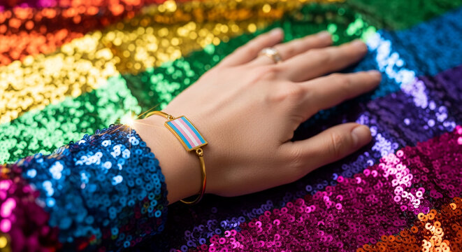 Close-up of a hand wearing a gold bracelet with the transgender flag, set against a backdrop of vibrant, shimmering sequins in rainbow colors, symbolizing pride and identity
