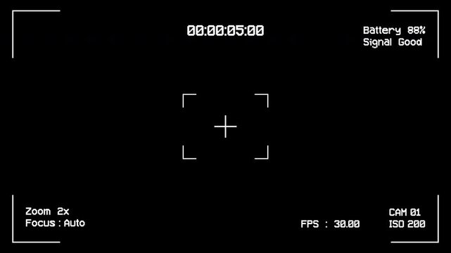 CCTV User interface video overlay. Monitoring screen template of CCTV, retro camcorder recording screen interface with timer. 