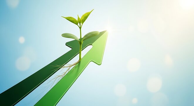 Green Arrow Up with Fresh Seedling on Top in Bright Sky
