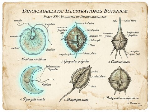 A vintage scientific plate of Dinoflagellata species. Detailed sketches show microscopic plankton with glowing bioluminescent parts on aged paper.