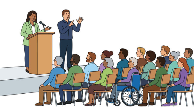 Inclusive community forum with a speaker and sign language interpreter
