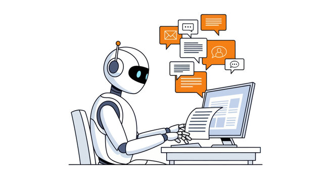 Robot assistant uses computer and AI for communication tasks.