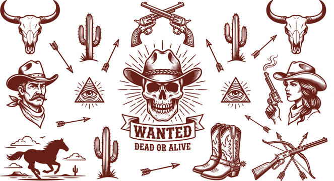 Wild West vintage bundle with cowboy skull wanted poster, western guns, desert cactus, horse silhouette, bull skull, and longhorn head cad drawing flat vector illustration