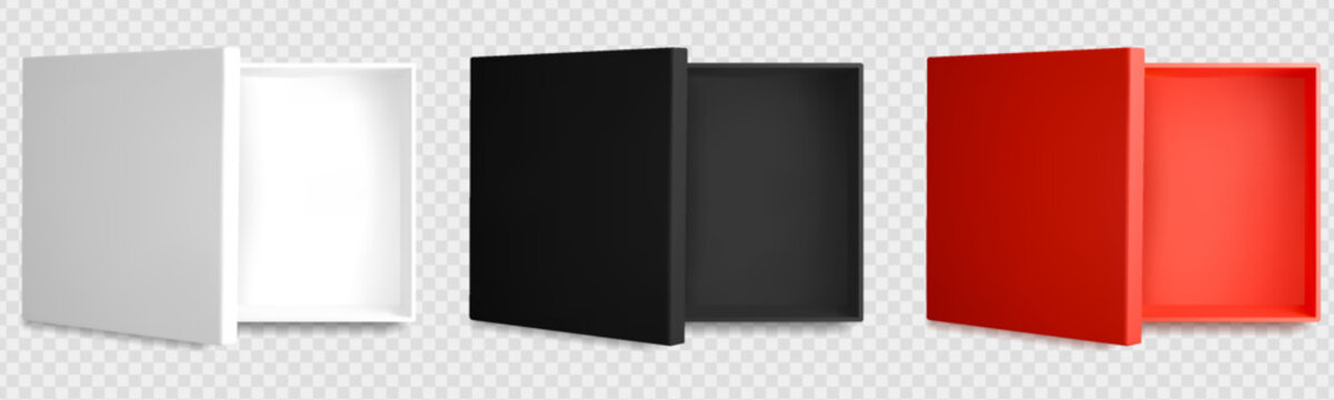 3d top view open box mockup in white and black for presentation. Square gift packaging empty inside for cosmetic above template. Red Valentine product pakage mock up on transparent background