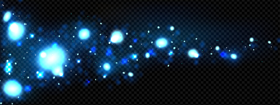 Blue magic light particle overlay. Firefly glow and dust sparkle effect design. Fairy flying particles shine with cyan dot on screen. Horizontal fly twinkle with dusty texture layout and glitter flare