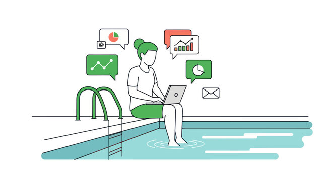 Woman working on laptop by the pool with data charts.