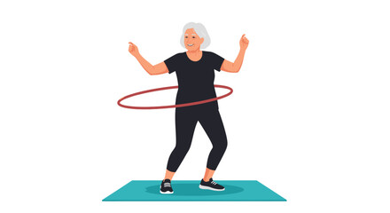 Senior woman exercising with a hoop on a mat for fitness and health. © Gozel