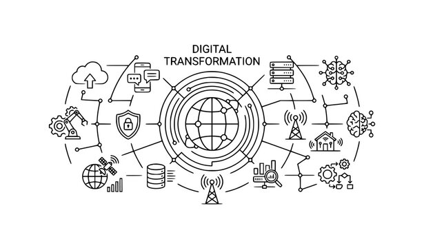 Futuristic digital transformation vector banner with communication and IoT technology icons