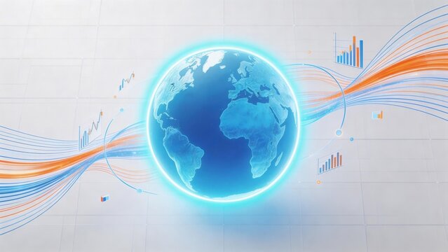 Globe with data streams and charts