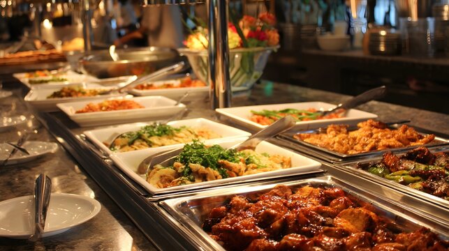Buffet spread with many different dishes in chafing dishes, ready for serving