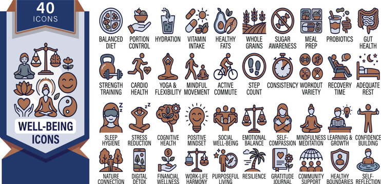 Embrace a harmonious and balanced lifestyle with this comprehensive collection of well-being icons, covering physical, mental, and emotional health concepts for a thriving existence
