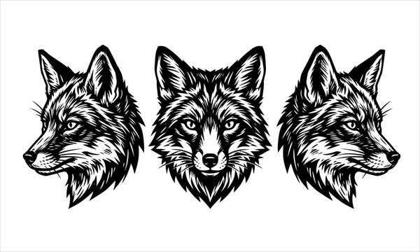 Black and white wolf head illustrations in woodcut style